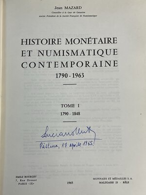 obverse: MAZARD J. - Histoire Monétaire et Numismatique contemporaine