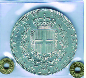 reverse: CARLO ALBERTO - 5 Lire 1843 GE - Sigillata Olivari come FDC.