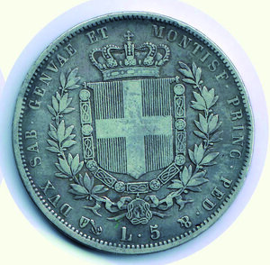 reverse: VITTORIO EMANUELE II - Re di Sardegna - 5 Lire 1850 GE.