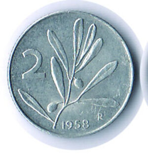 obverse: REPUBBLICA ITALIANA - 2 Lire 1958.