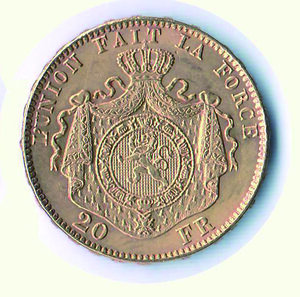 reverse: BELGIO - Leopoldo II - 20 Fr. 1877.