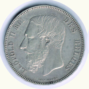 obverse: BELGIO -  Leopoldo II - 5 Franchi 1868