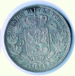 reverse: BELGIO -  Leopoldo II - 5 Franchi 1868