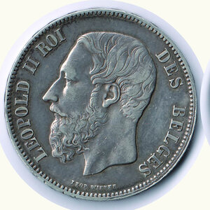 obverse: BELGIO - Leopoldo II - 5 Franchi 1869.