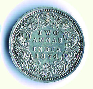 reverse: INDIA BRITANNICA - Vittoria - 2 Annas 1874.