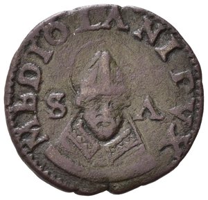 reverse: MILANO. Filippo II (1556-1598). Trillina Mi (1,02 g). Lettere PHI coronate - Busto del santo frontale. MIR 334. Rara. qBB