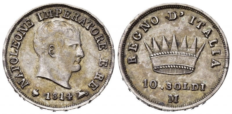 obverse: MILANO. Napoleone I re d Italia (1805-1814). 10 soldi 1814 M Ag (2,49 g). Gig.186. SPL+