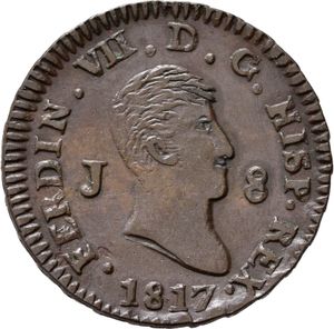 obverse: SPAGNA. Ferdinando VII. 8 Maravedis 1817 J. Cu. KM#461. SPL