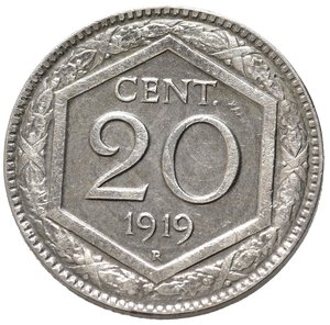 reverse: Regno d Italia. Vittorio Emanuele III. 20 centesimi 1919. Contorno parzialmente rigato. qSPL 
