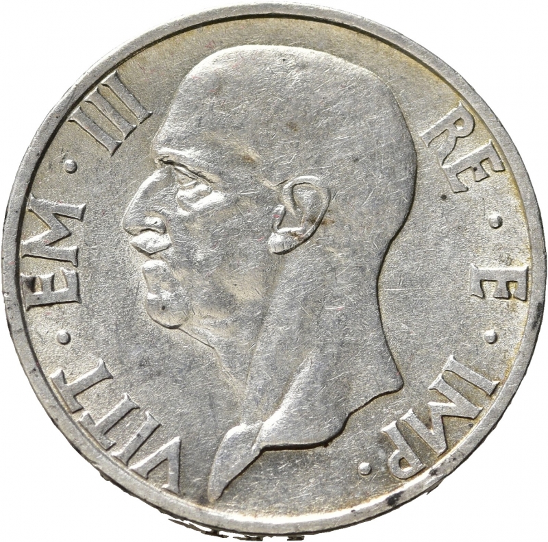 obverse: Vittorio Emanuele III (1900-1943). 5 lire 1936. Gig. 83. Colpo al bordo. qSPL