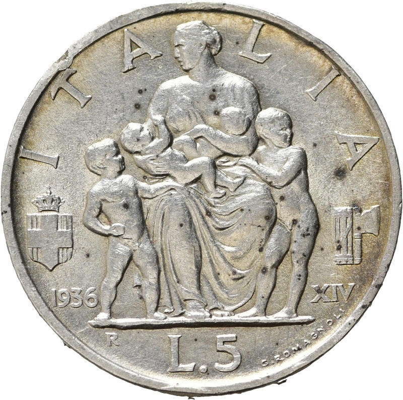 reverse: Vittorio Emanuele III (1900-1943). 5 lire 1936. Gig. 83. Colpo al bordo. qSPL