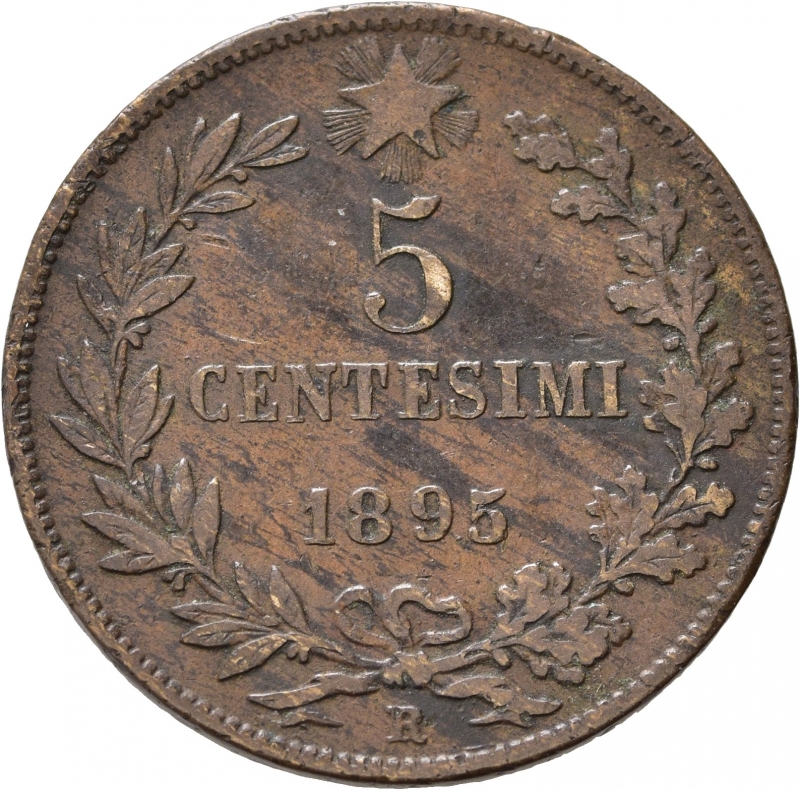 reverse: Umberto I (1878-1900). 5 centesimi 1895 Roma. MB/qBB