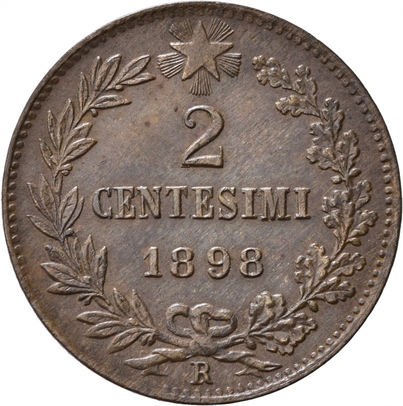 reverse: SAVOIA. Umberto I (1878-1900). 2 centesimi 1898 Roma. SPL