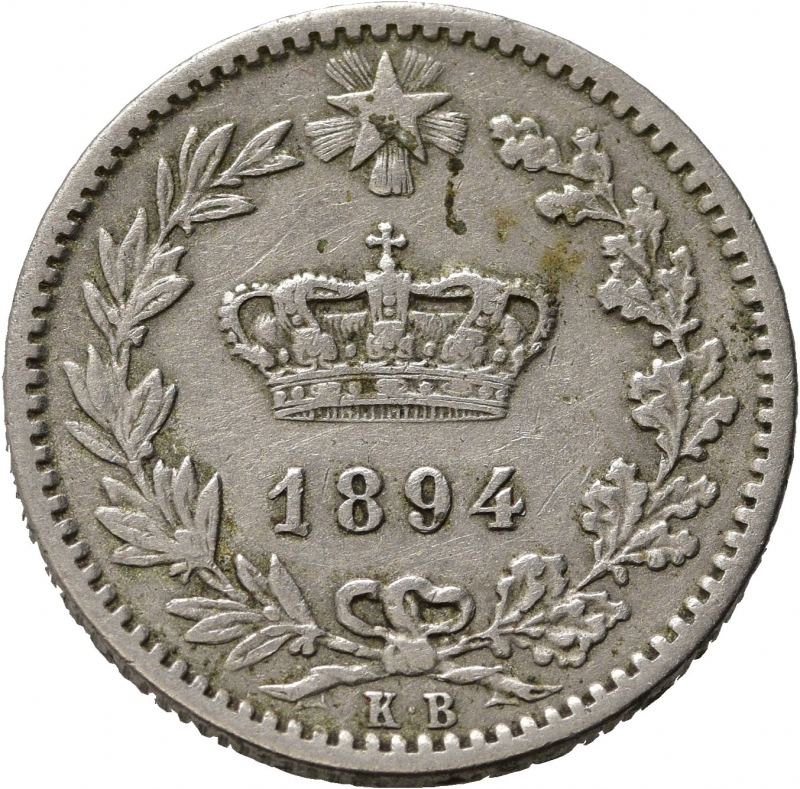 obverse: UMBERTO I (1878-1900). 20 centesimi 1894 KB. Gig. 45. BB