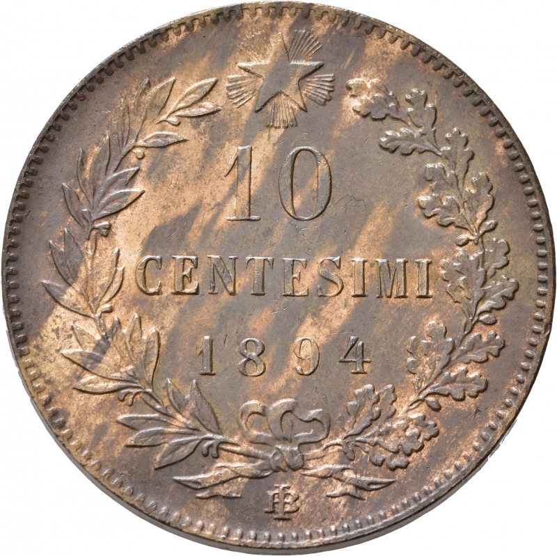reverse: Umberto I (1878-1900). 10 centesimi 1893 BI (Birmigham). Cu. Gig. 48. qFDC