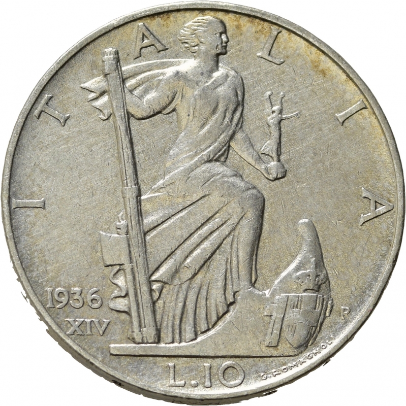 reverse: Vittorio Emanuele III (1900-1943). 10 Lire 1936 a. XIV Roma, 