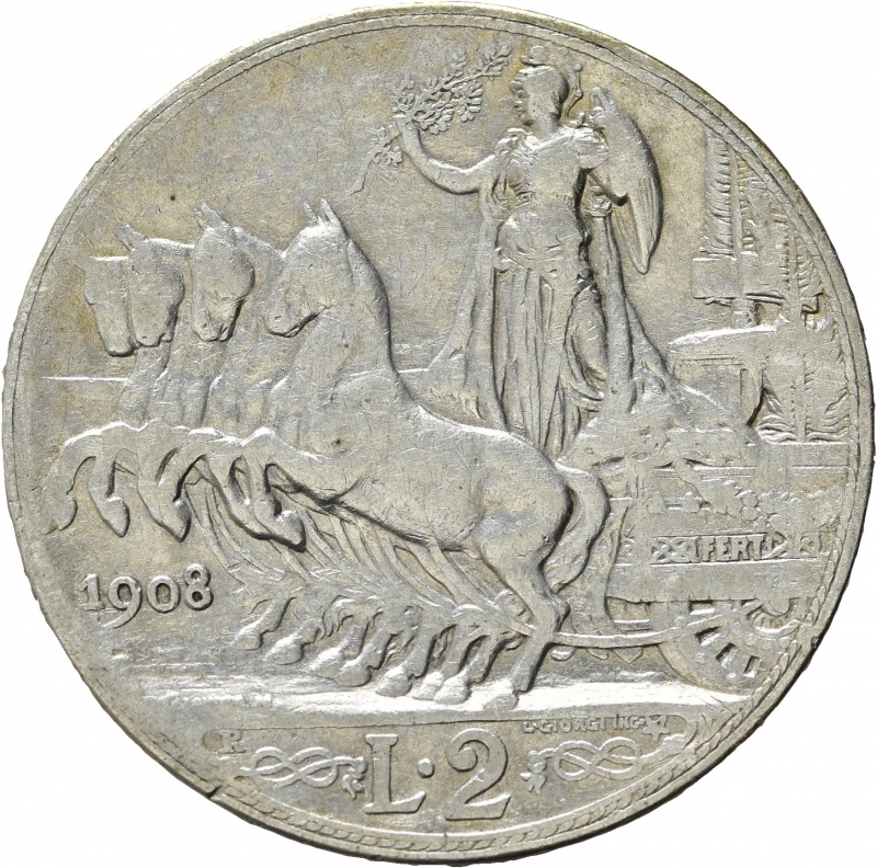 reverse: Vittorio Emanuele III (1900-1943). 2 Lire 1908 