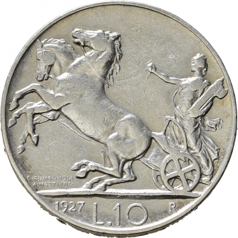 reverse: Vittorio Emanuele III (1900-1943). 10 lire 1927 *una rosetta 