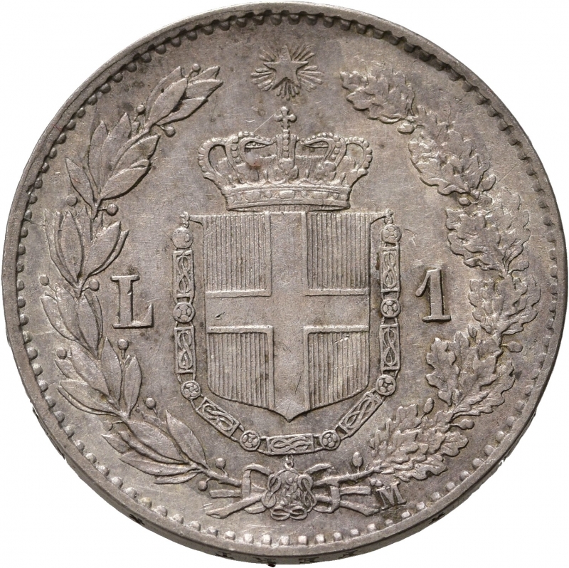 reverse: UMBERTO I (1878-1900). 1 lira 1887. Gig. 38. Ag. BB/qSPL