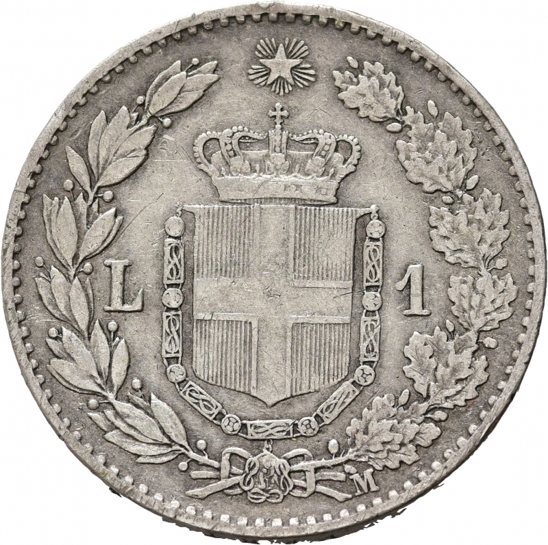 reverse: UMBERTO I (1878-1900). 1 lira 1887. Gig. 38. Ag. qBB