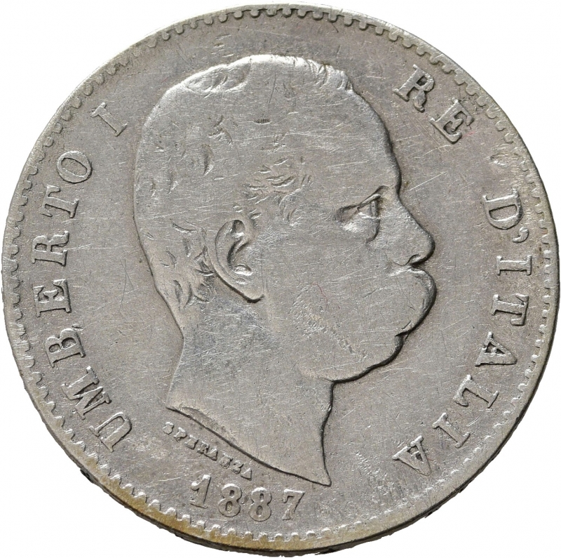obverse: UMBERTO I (1878-1900). 1 lira 1887. Gig. 38. Ag. MB