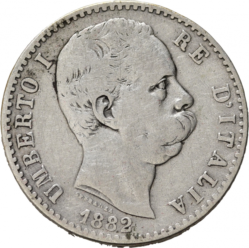 obverse: Umberto I (1878-1900). 2 lire 1882. Ag. Gig.26. MB
