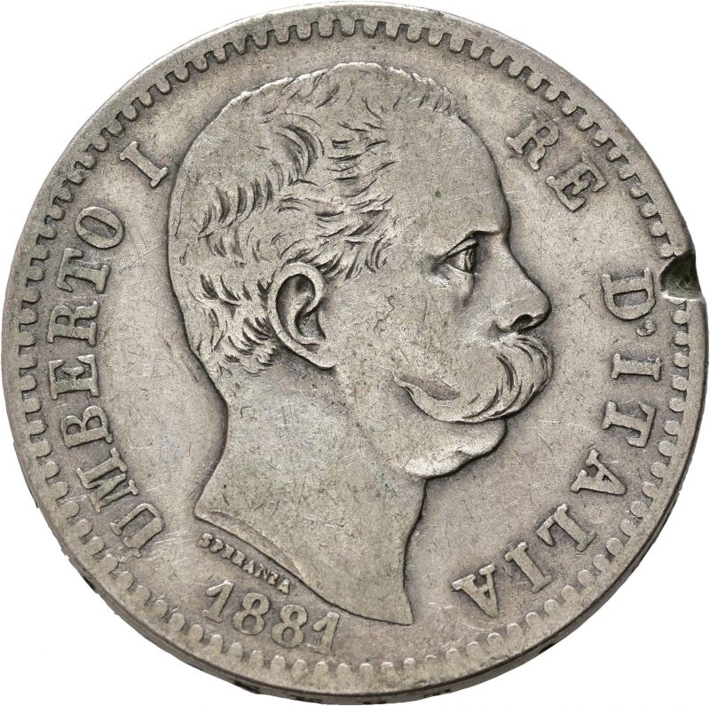 obverse: Umberto I (1878-1900). 2 lire 1881. Ag. Gig.25. Colpo al bordo. MB