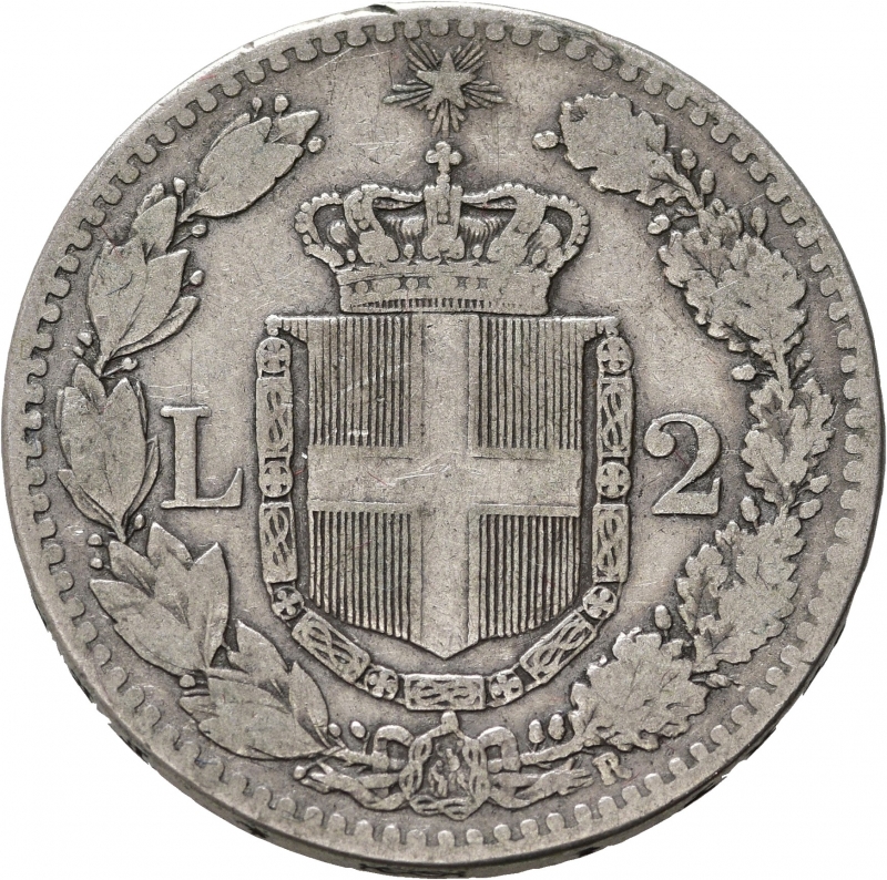 reverse: Umberto I (1878-1900). 2 lire 1881. Ag. Gig.25. Colpo al bordo. MB