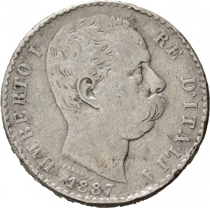 obverse: Umberto I (1878-1900). 2 lire 1887. Ag. Gig.31. MB