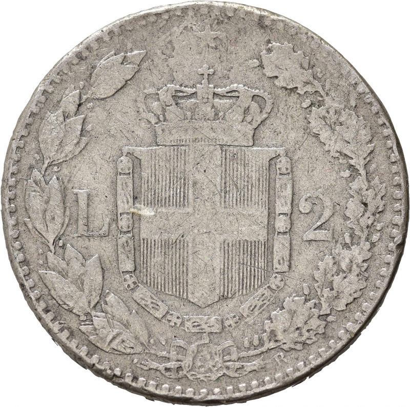 reverse: Umberto I (1878-1900). 2 lire 1887. Ag. Gig.31. MB