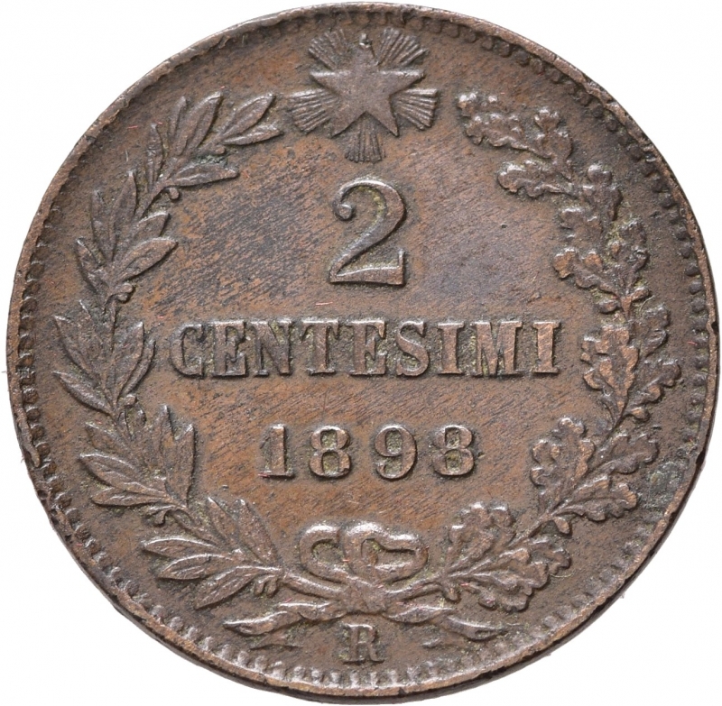 reverse: SAVOIA. Umberto I (1878-1900). 2 centesimi 1898 Roma. BB