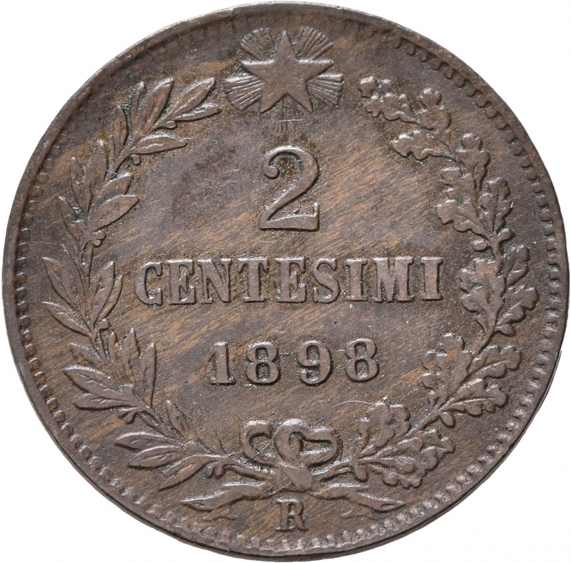reverse: SAVOIA. Umberto I (1878-1900). 2 centesimi 1898 Roma. BB+