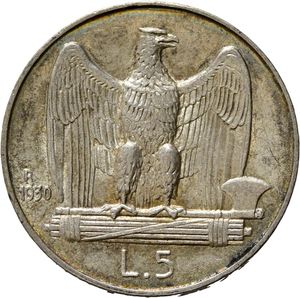 reverse: Vittorio Emanuele III (1900-1943). 5 Lire 1930. Ag. SPL+