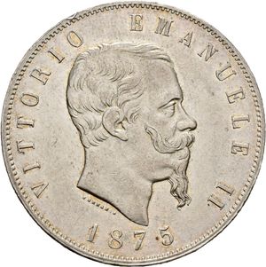 obverse: Regno d Italia. Vittorio Emanuele II. 5 lire 1875 M. Ag. Lieve colpetto al bordo. SPL+