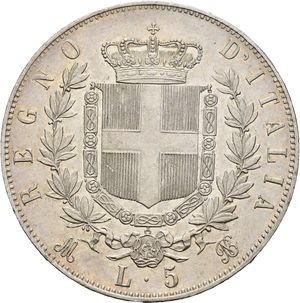reverse: Regno d Italia. Vittorio Emanuele II. 5 lire 1875 M. Ag. Lieve colpetto al bordo. SPL+