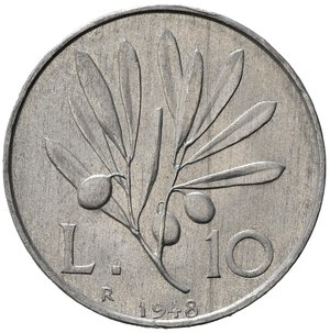 reverse: Repubblica Italiana. 10 lire 1948 Non comune. SPL+