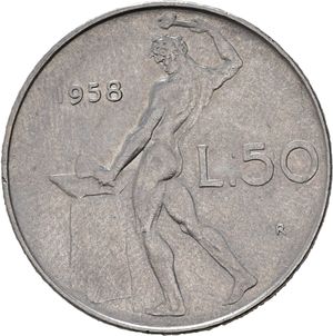 reverse: REPUBBLICA ITALIANA. 50 Lire 1958 