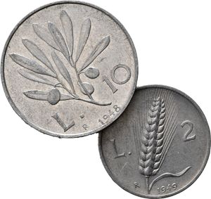 reverse: REPUBBLICA ITALIANA. lotto di 2 monete con date non comuni. 10 lire 1948; 2 lire 1949. BB