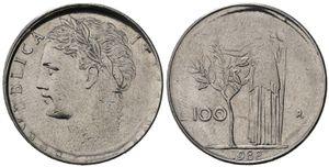 obverse: REPUBBLICA ITALIANA. Errori di conio. 100 lire 1982 
