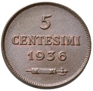 reverse: SAN MARINO. Vecchia monetazione. 5 Centesimi 1936. Cu. qFDC