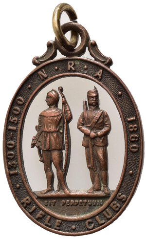 obverse: MEDAGLIE ESTERE - Regno Unito, N.R.A. Rifle Clubs 1860, incisione Polytechnic Rifle Club D.POOL 1907, 2.7 cm x 4.1 cm, peso gr. 11,8.  SPL.