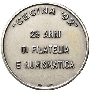 reverse: MEDAGLIE ITALIANE. Repubblica Italiana, Medaglia del circolo numismatico filatelico di Cecina, 1992, argento 825%, diametro 3.4 cm, peso gr. 15.8, SPL.