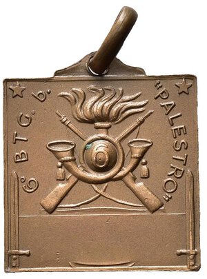 reverse: MEDAGLIE ITALIANE - Repubblica Italiana. Medaglia 6 Battaglione Bersaglieri Palestro,  Bronzo, 2 cm x 2.3 cm, con appiccagnolo. Peso gr. 6.2, SPL.
