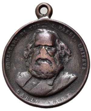 obverse: MEDAGLIE ITALIANE- Medaglia I maggio festa del lavoro Karl Marx proletari di tutto il mondo unitevi, bronzo, con anello, diametro 2,7 cm, peso gr. 11,2. MB.