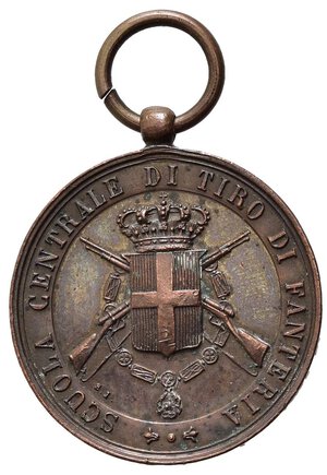 obverse: SAVOIA - Medaglia Scuola Centrale di Tiro di fanteria, gara di tiro al bersaglio, bronzo, con anello, diametro 2.8 cm, peso gr. 5.7.  SPL.