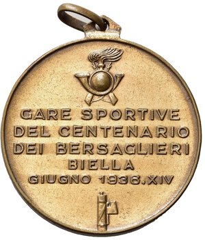 reverse: VENTENNIO FASCISTA - Medaglia Bersaglieri, gare sportive del centenario dei Bersaglieri Biella giugno 1936, bronzo, con anello, diametro 3,5 cm. Peso gr. 19,5. SPL.