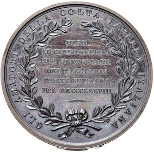 reverse: PERSONAGGI. Medaglia 1838 Michele Colombo (nato in Campo di Pietra, Treviso e morto in Parma). AE (40,38 g) Opus Ettore Galli. SPL