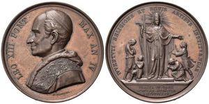 obverse: Medaglie Papali. Leone XIII (1878-1903). Medaglia 1881 anno IV - Scuola di belle arti. AE (38,30 g). Modesti 47. Rara. qFDC