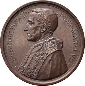 obverse: Medaglie Papali. Benedetto XV (1914-1922). Medaglia anno VII - Encicliche del 1920. AE (31,73 g). Bartolotti E 921. Rara. qFDC