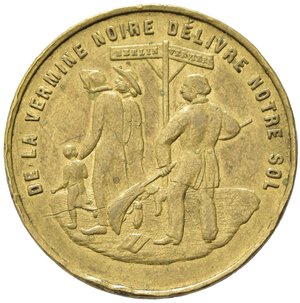 obverse: GETTONI. BELGIO. Token Expulsion of 50 small German brothers. D/DE LA VERMINE NOIRE DÉLIVRÉ NOTRE SOL
BERLIN VERVIERS. R/PREMIÈRE MESURE CONTRE L INVASION DE LA PESTE NOIRE EXPULSION DE 50 PETITS FRÈRES ALLEMANDS MAI 1879. AE (8,71 G). Raro. BB+